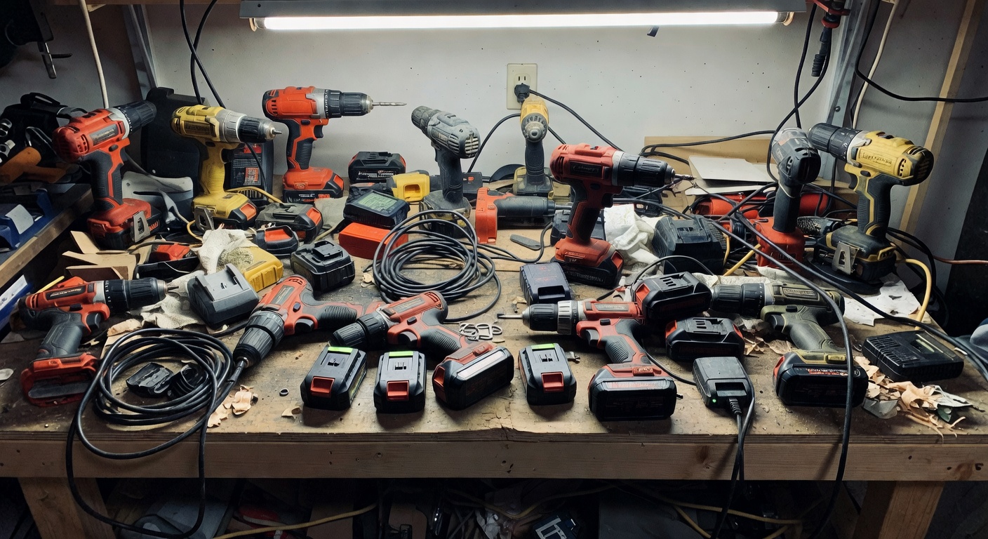 Power tools piled on cluttered workbench with tangled charger cords and no clear organizational system