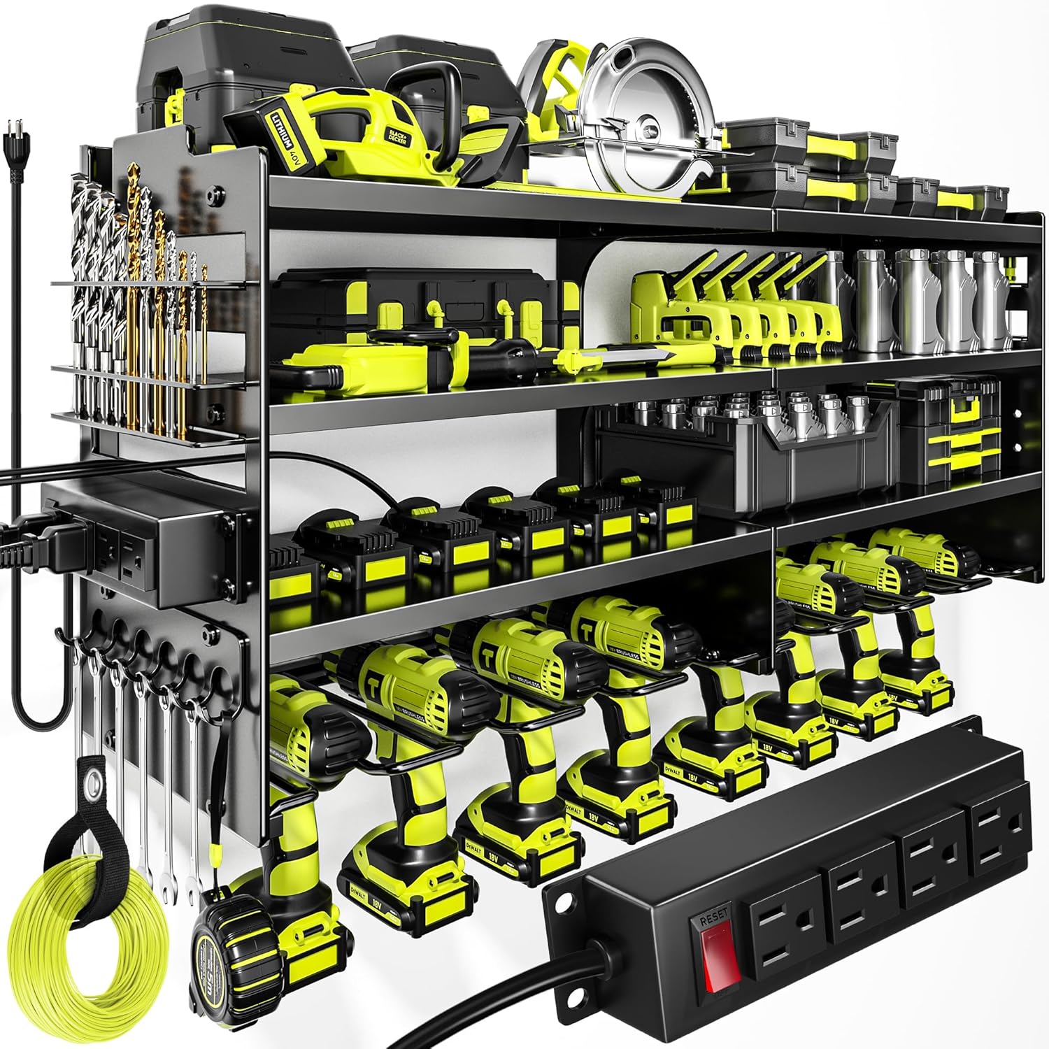 POKIPO 4-layer wall-mounted power tool organizer showing drills in individual cradles with charging station power strip