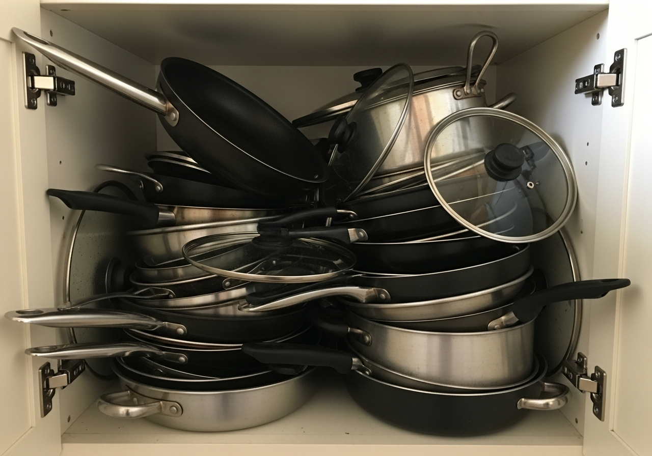 Precarious stack of pots and pans in disorganized kitchen cabinet
