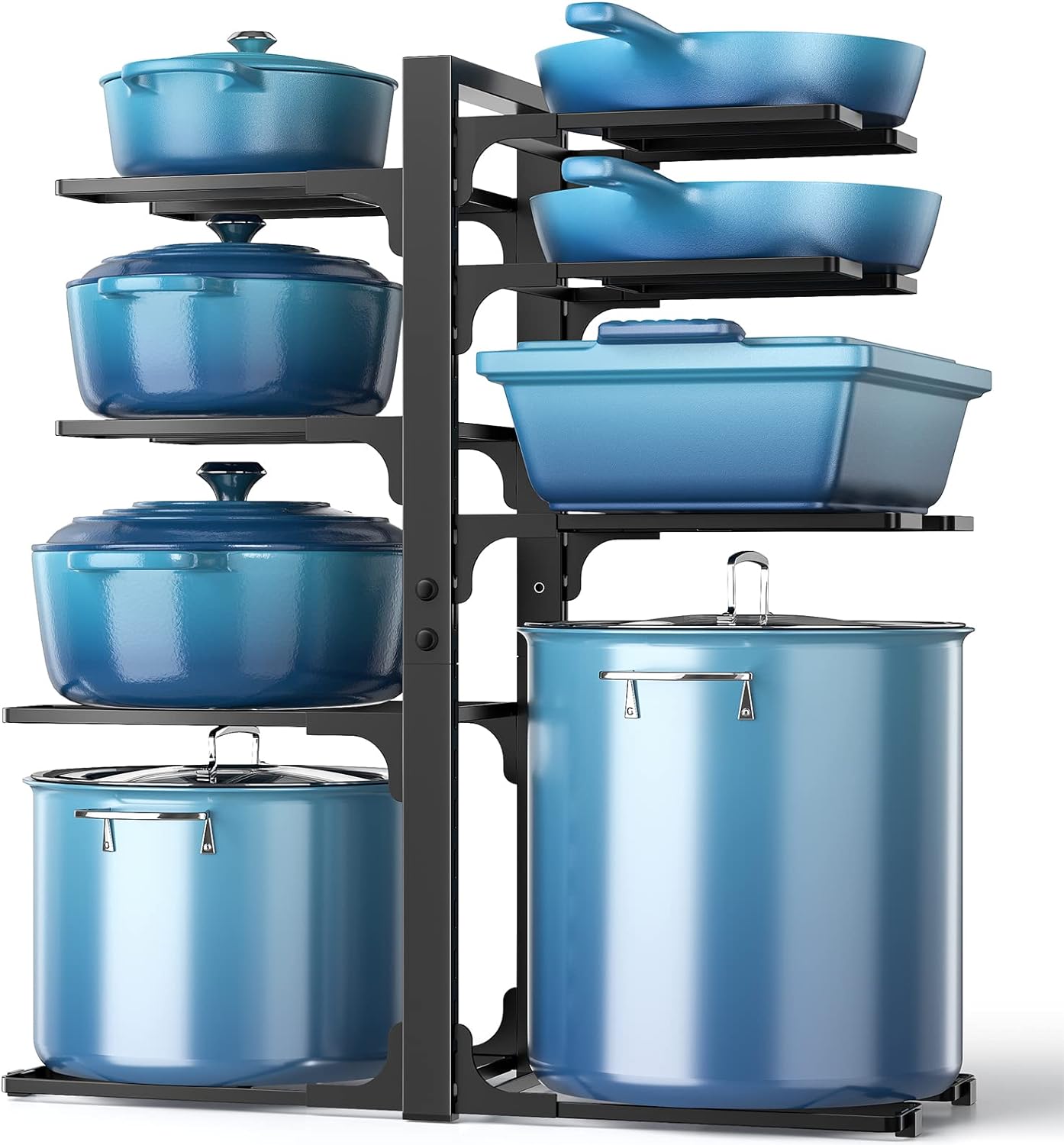 Kitchen cabinet with pots and pans organized vertically in adjustable rack