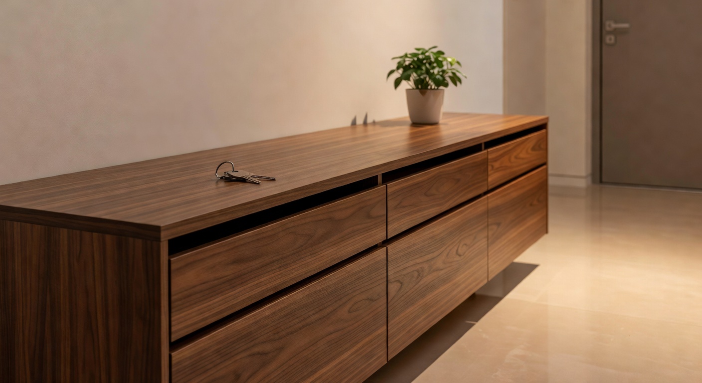 QIVOMIX walnut shoe cabinet in entryway with flip drawers closed, keys and plant on top