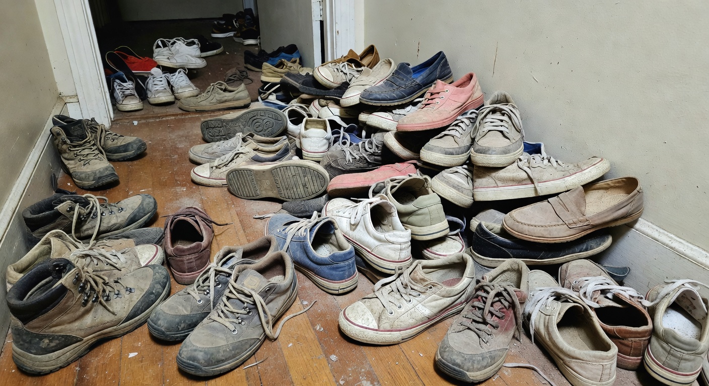 Entryway with shoes scattered on the floor next to the door, no storage in sight
