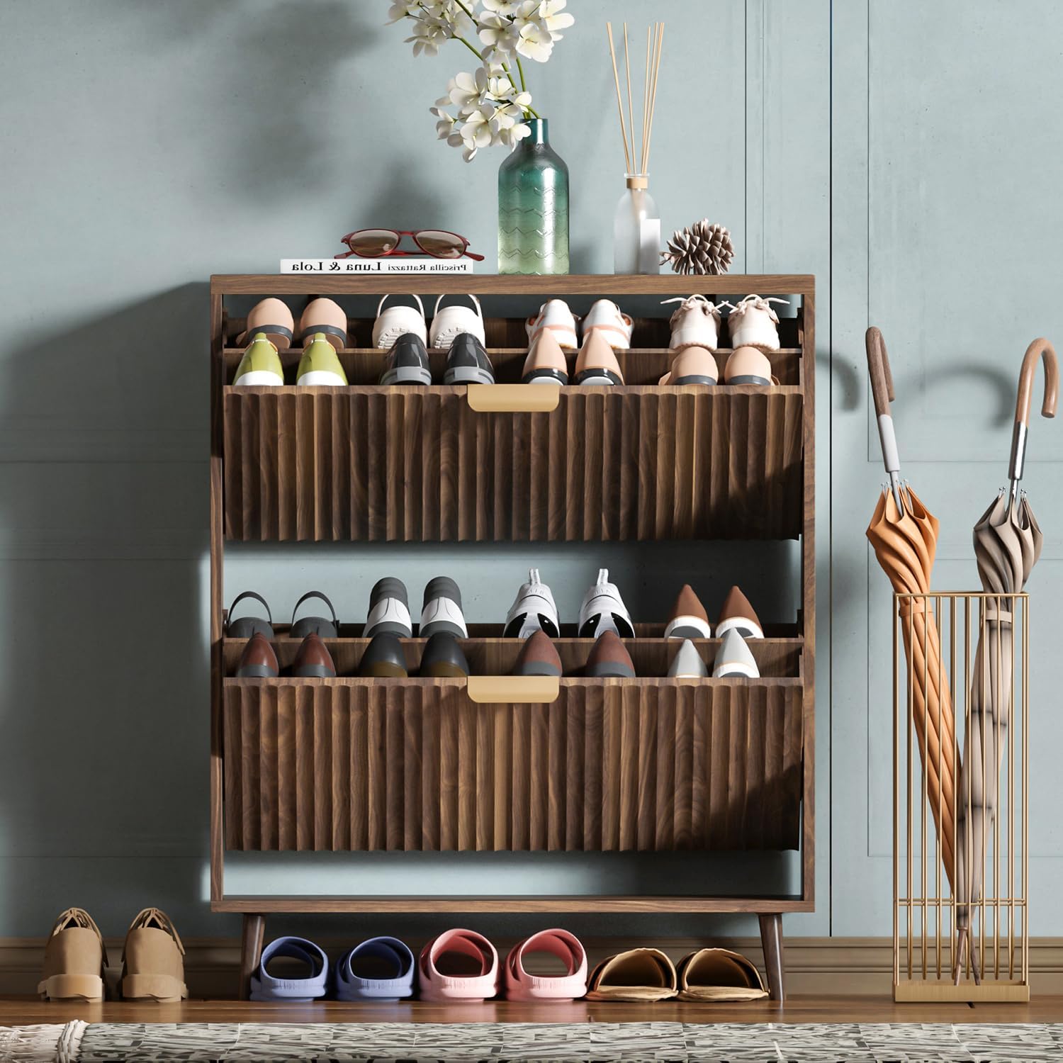 QIVOMIX walnut shoe cabinet with flip drawers open showing organized shoe compartments