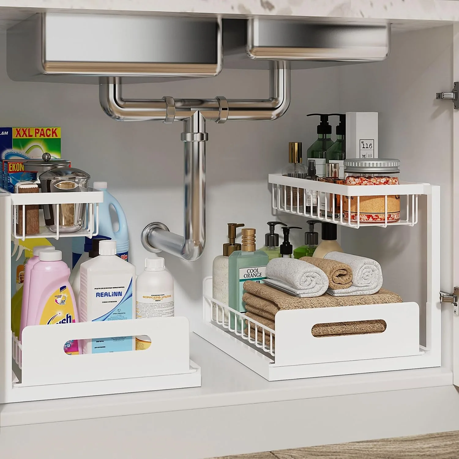 REALINN L-shaped two-tier pull-out under sink organizer in white