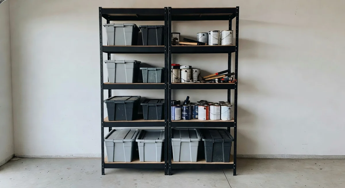Sakugi 5-tier heavy duty metal garage shelving unit fully loaded with bins, tools, and automotive supplies