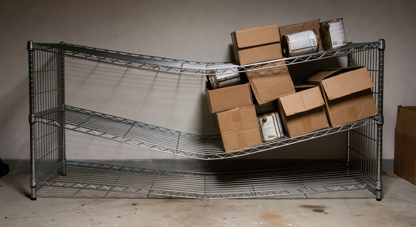 Sagging wire shelf in a garage with bowing shelves and wobbling frame under heavy storage bins