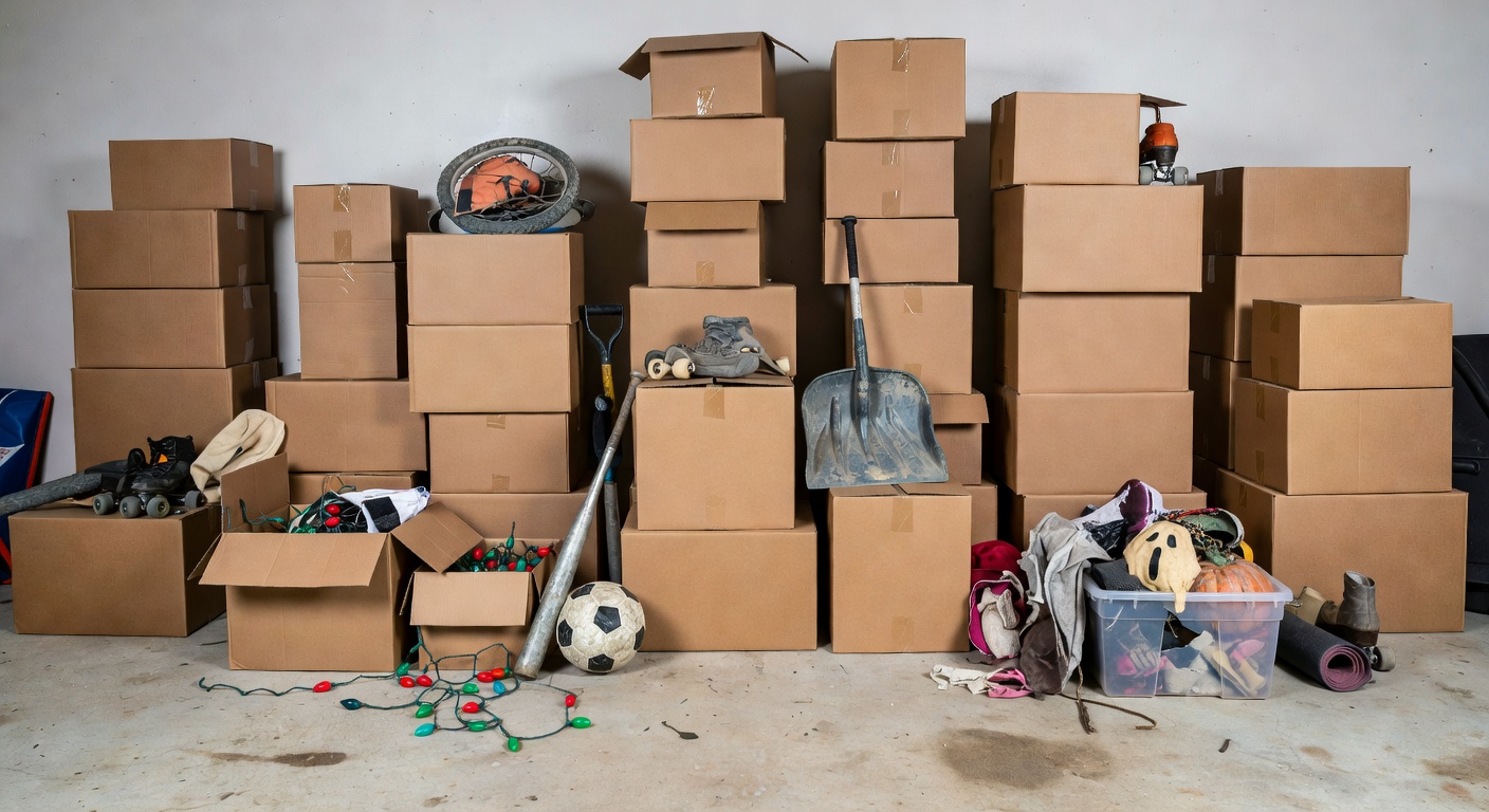 Cluttered garage floor with stacked bins, tools, and seasonal gear crowding the walkway
