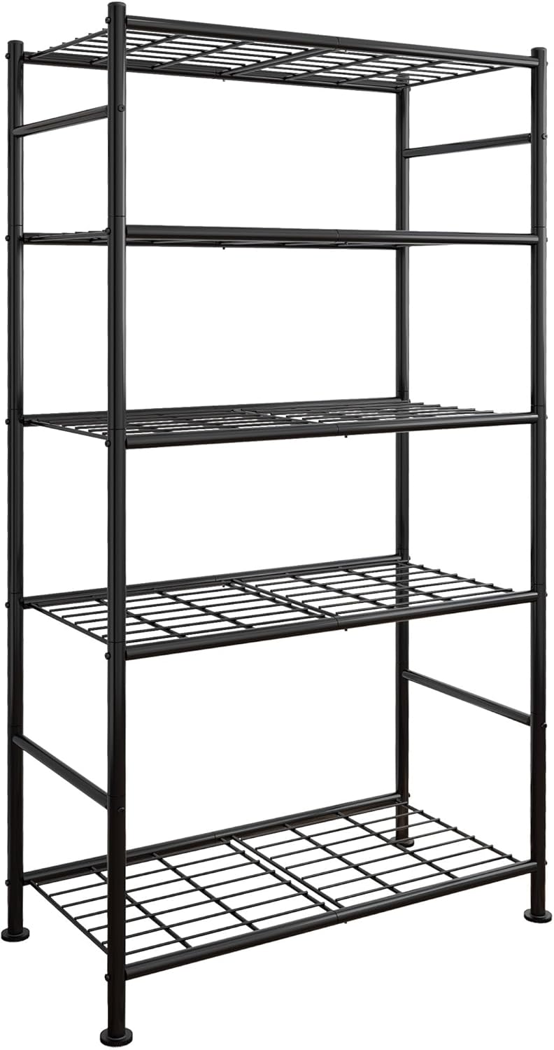 Black five-tier garage shelf holding bins, tools, cleaning supplies, and seasonal storage