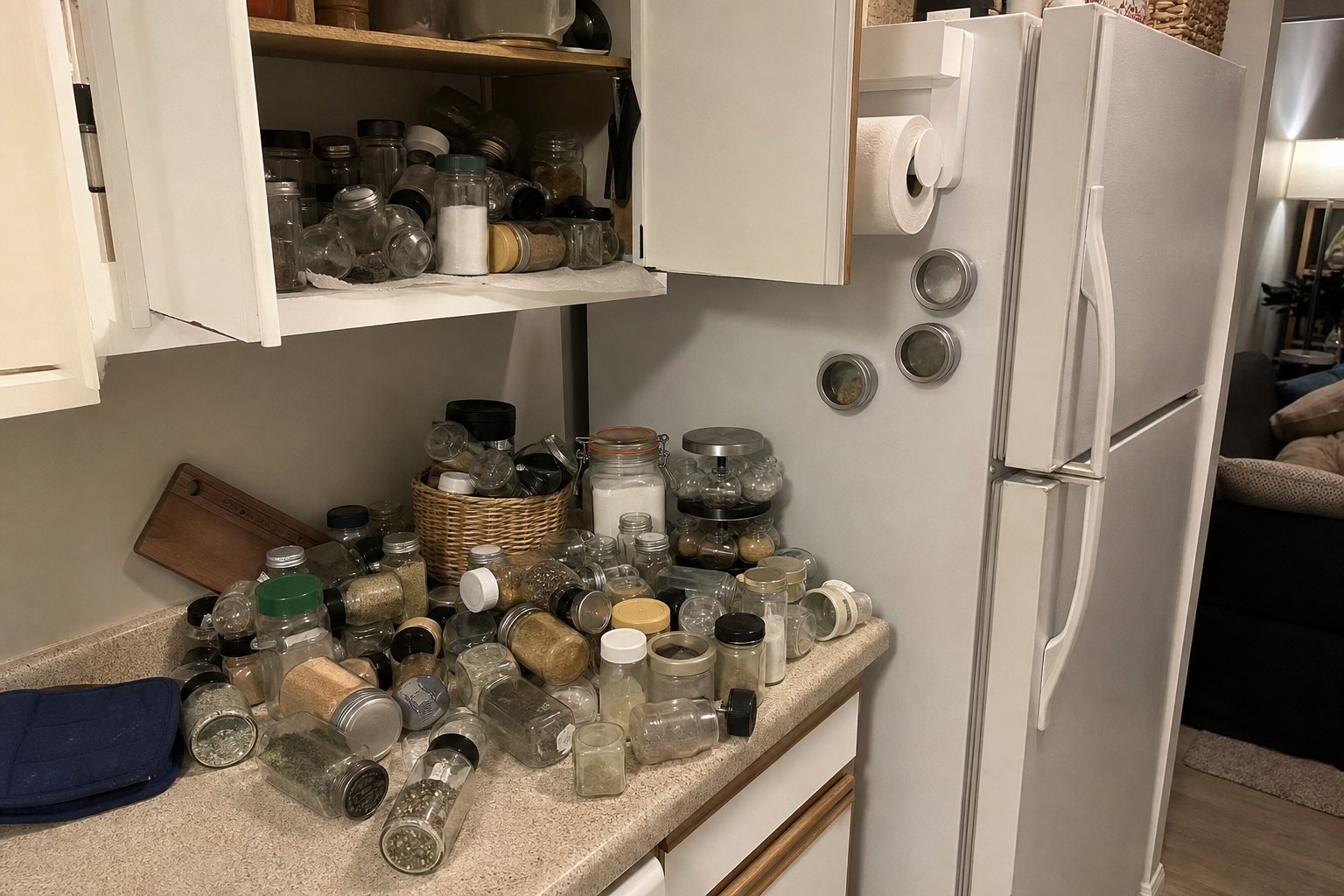 Cluttered kitchen counter and open cabinet packed with mismatched spice jars next to a refrigerator