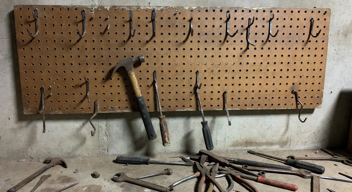 Garage wall with loose pegboard, fallen hooks, and disorganized tools leaning against the wall