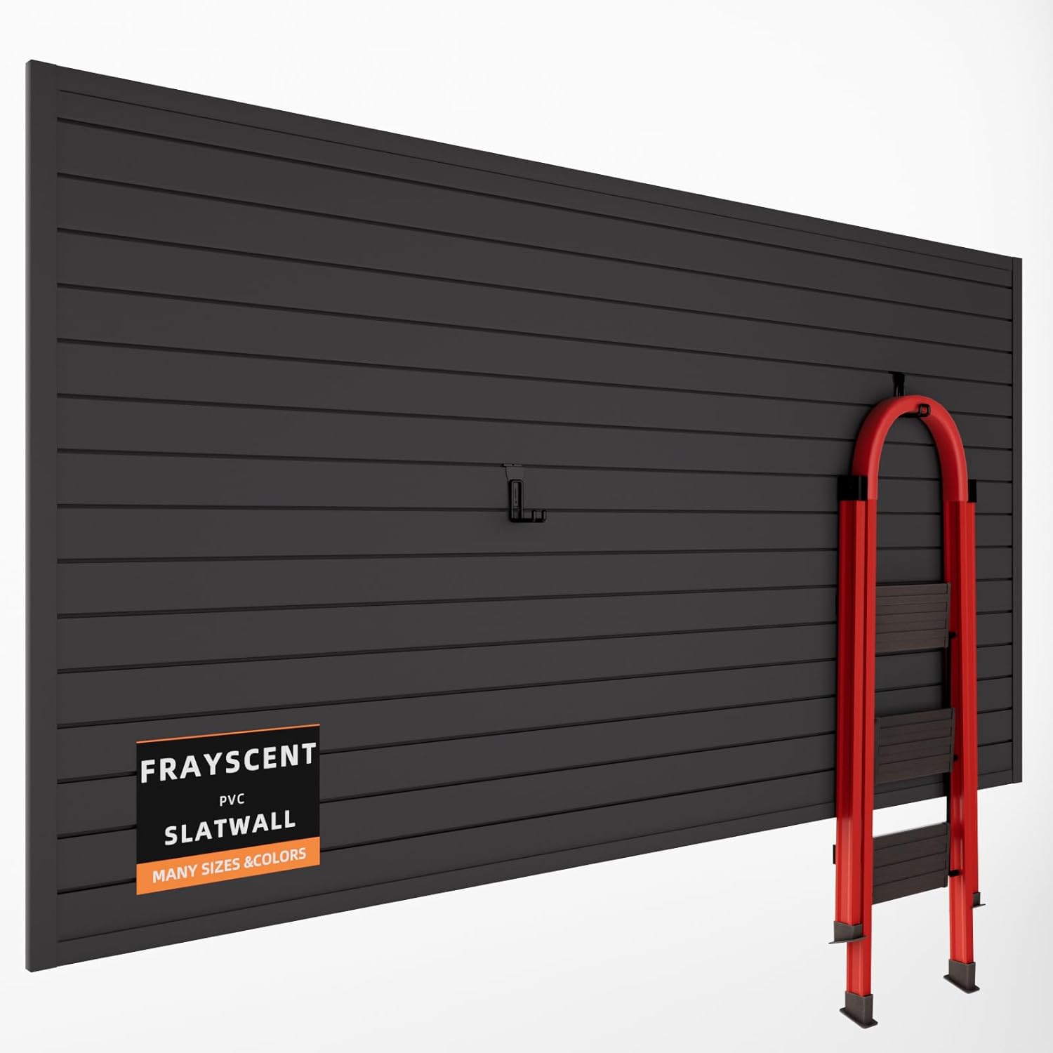 FRAYSCENT 4x8ft PVC slatwall panels with hooks, bins, and tool holders attached for garage organization
