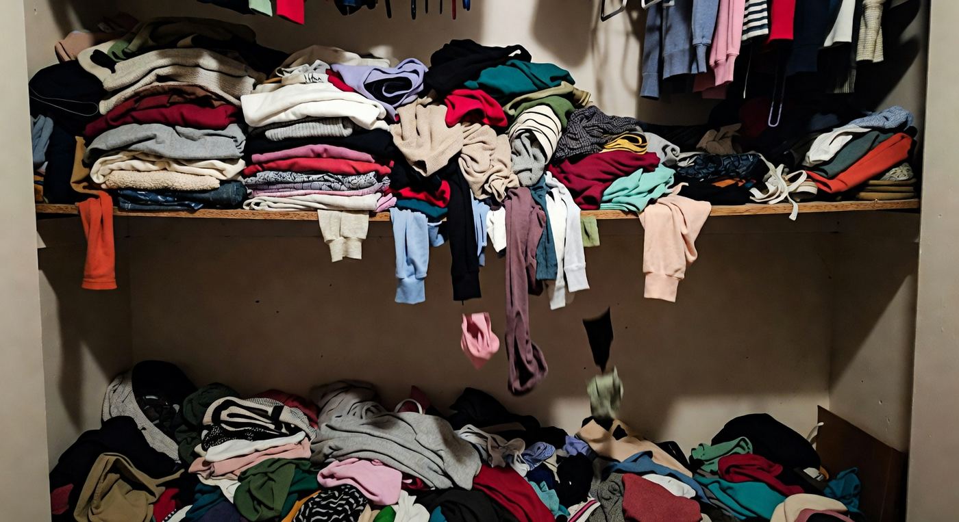 Toppling piles of folded shirts and sweaters on a crowded closet shelf