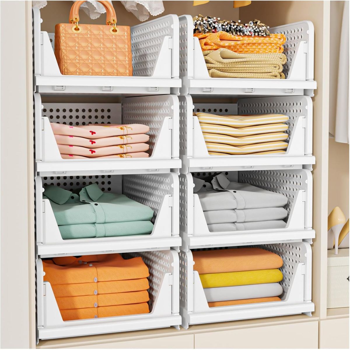 White SNSLXH open-front plastic closet bins stacked with folded shirts