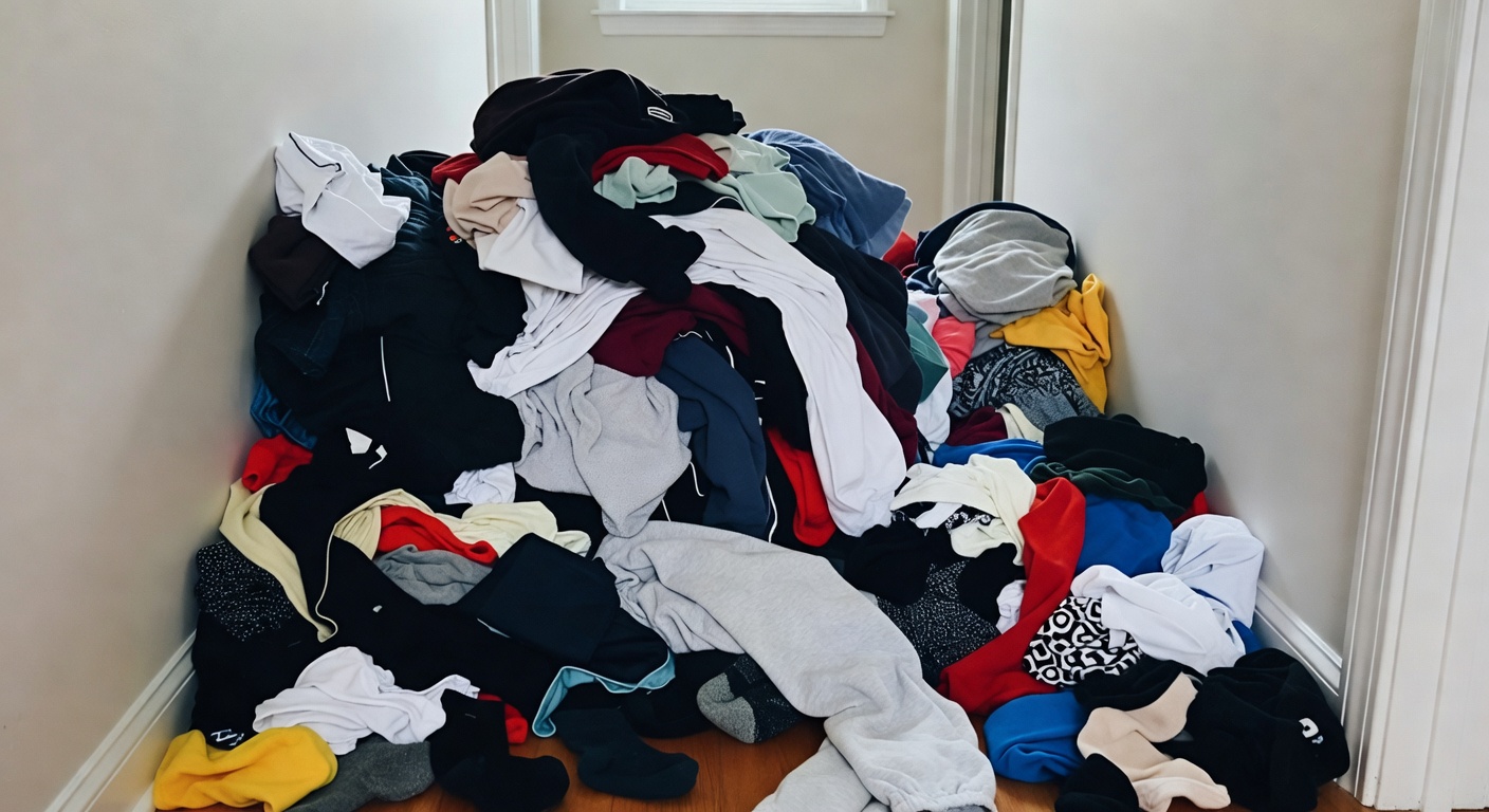 Three unsorted laundry piles on a laundry room floor without any separation system