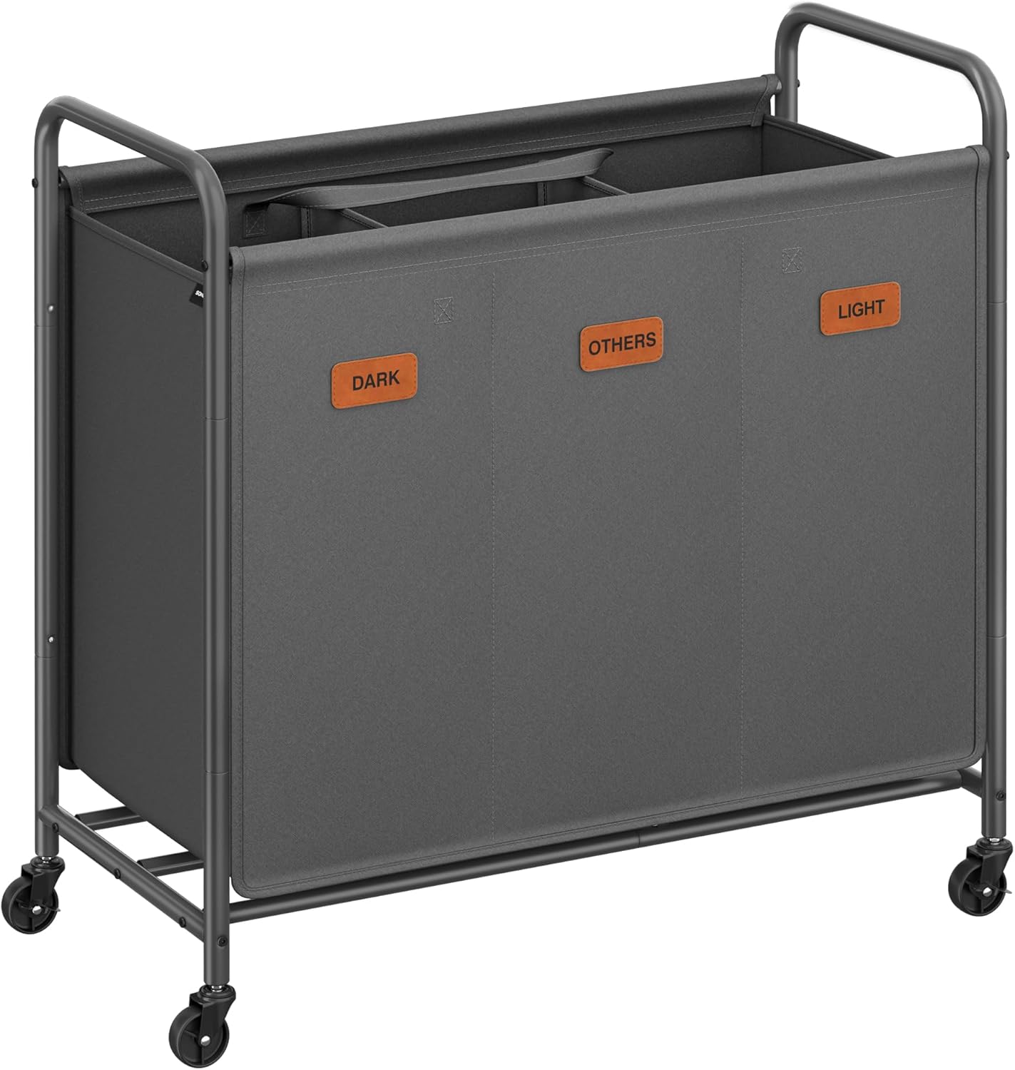 SONGMICS rolling laundry sorter cart showing three labeled fabric bags on steel frame with four wheels