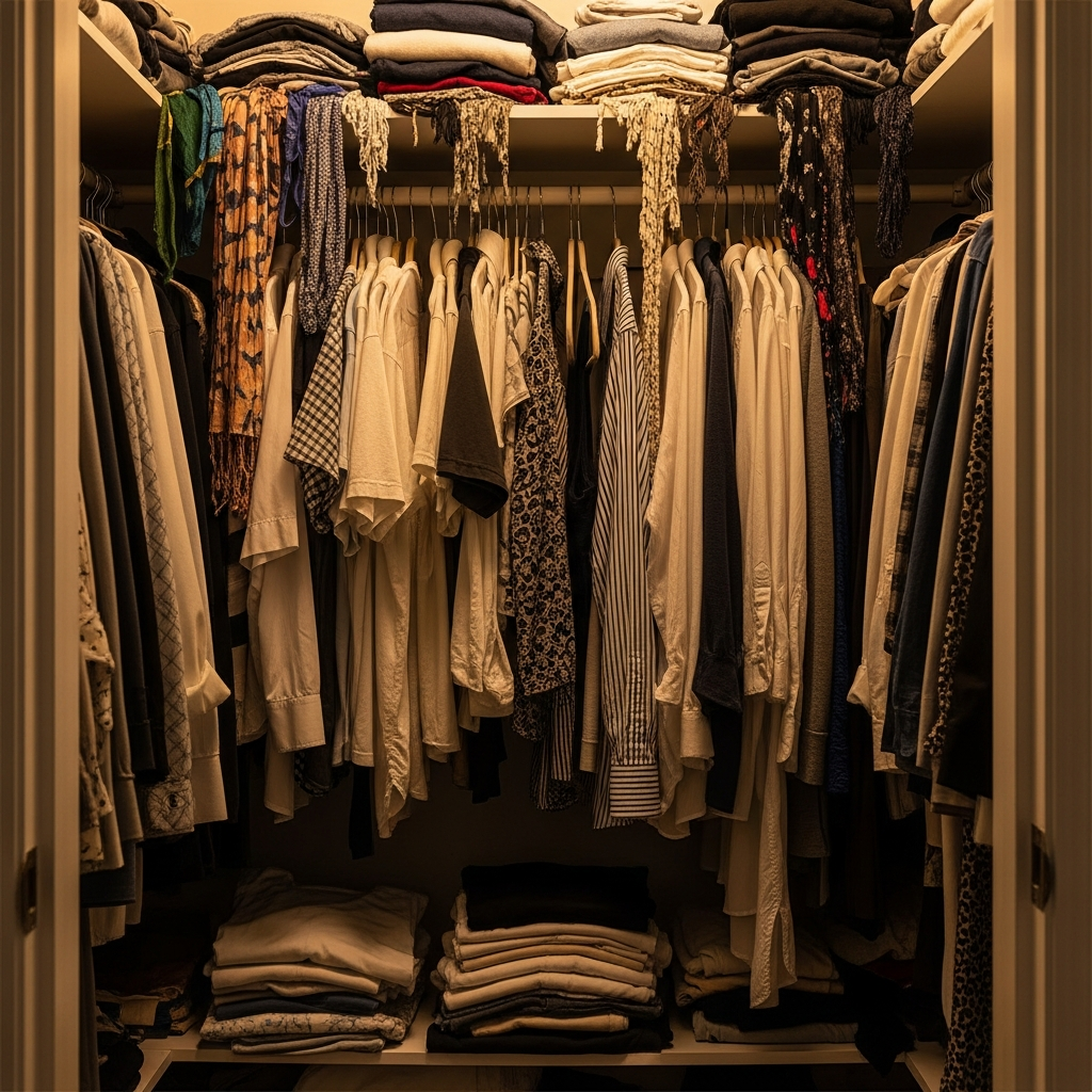 Overstuffed small closet with shirts crammed tightly across a single hanging rod