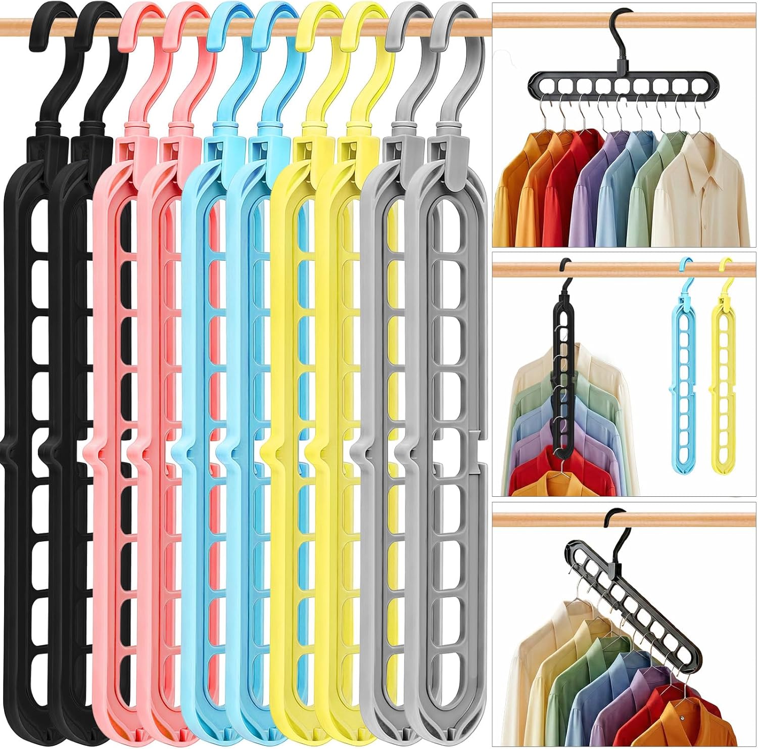 Cascading closet hangers holding lightweight shirts neatly in a compact wardrobe