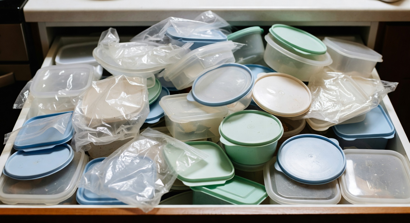 Messy kitchen drawer stuffed with disposable plastic bags and mismatched lids