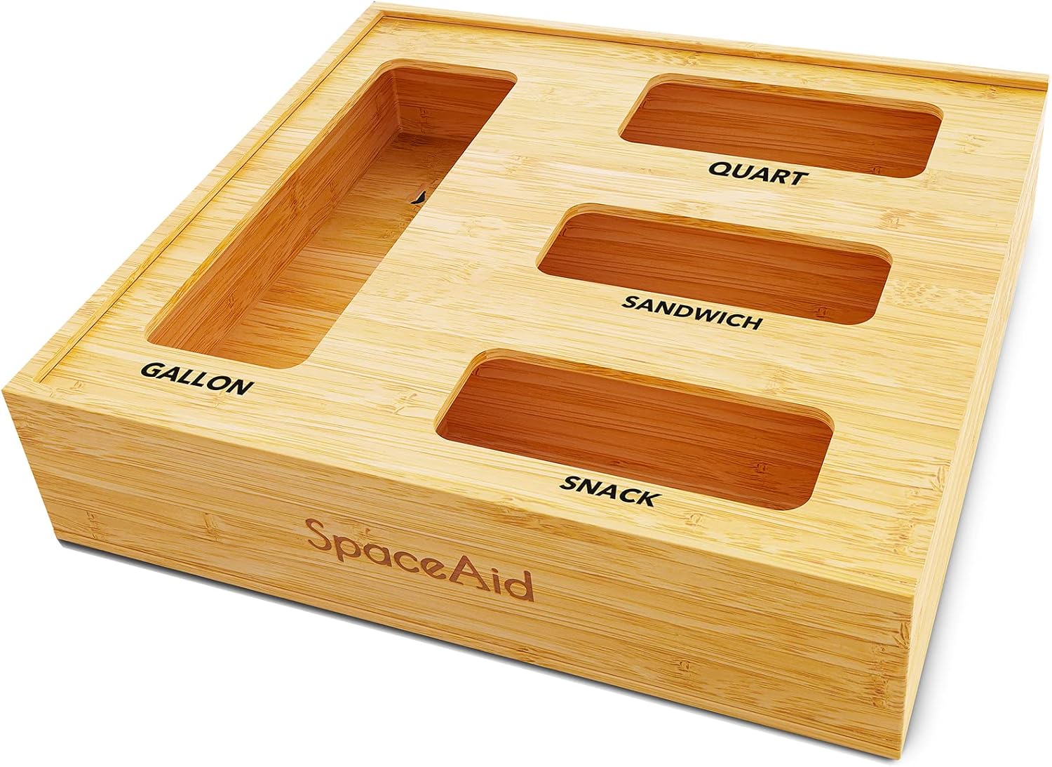 SpaceAid bamboo bag storage organizer product image showing four slots for food storage bags