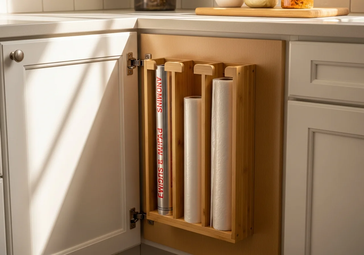 Bamboo wrap organizer mounted inside kitchen cabinet door holding foil, plastic wrap, and parchment rolls neatly