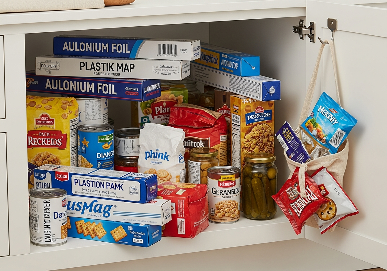 Inside kitchen cabinet with boxes of aluminum foil, plastic wrap, and parchment paper falling and disorganized
