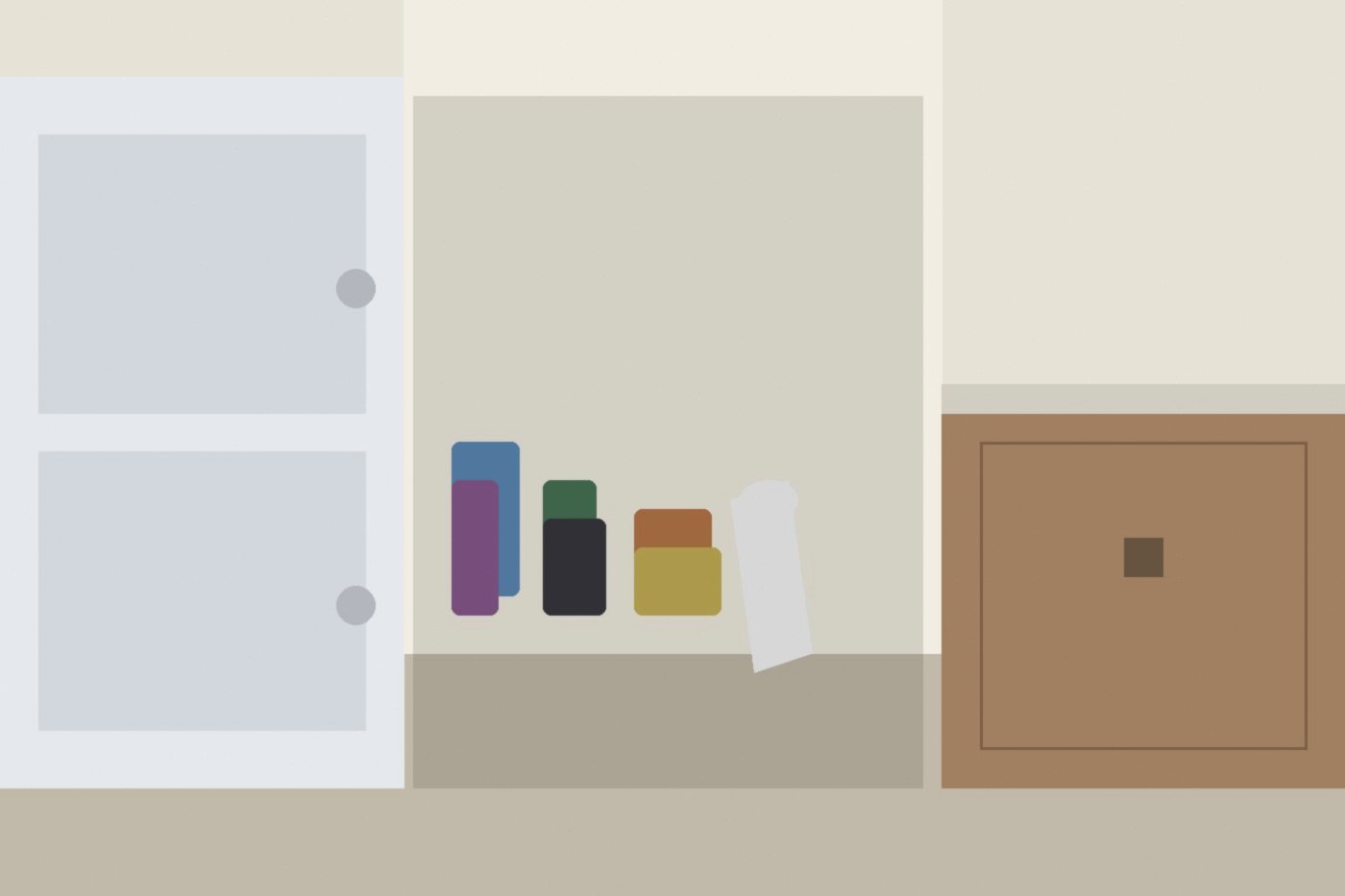 Narrow kitchen gap beside a fridge cluttered with bottles and a leaning paper towel roll