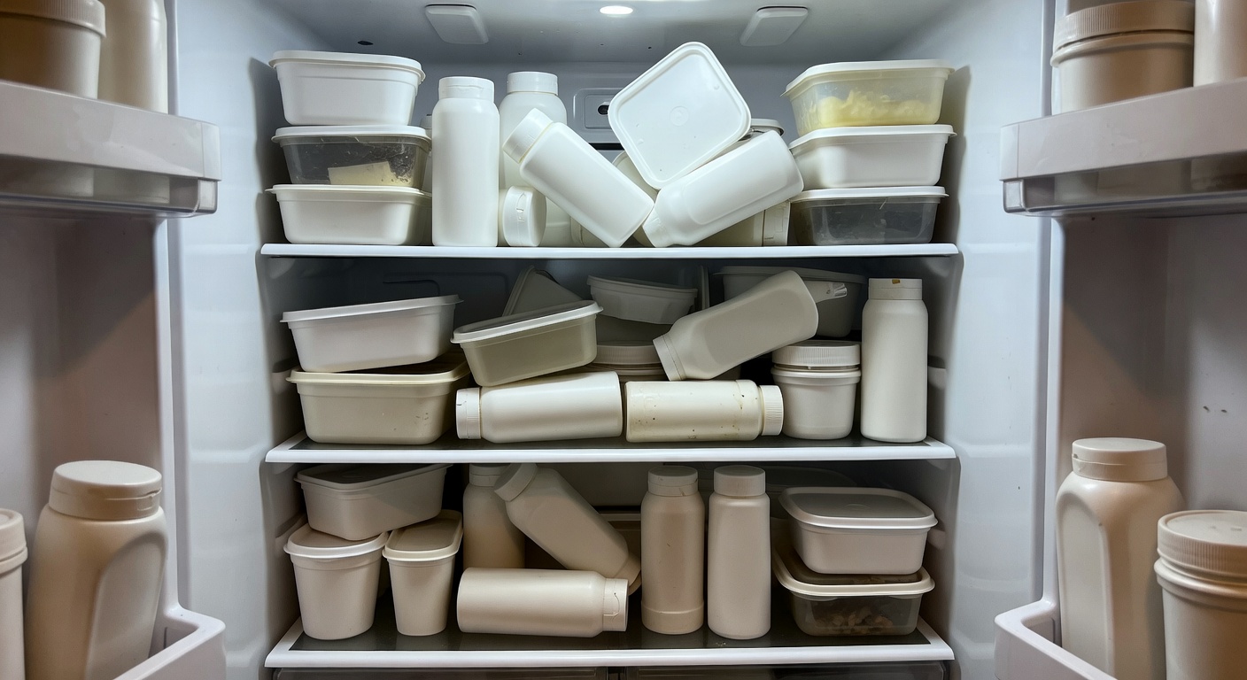 Cluttered refrigerator shelf with bottles and containers crowded toward the back