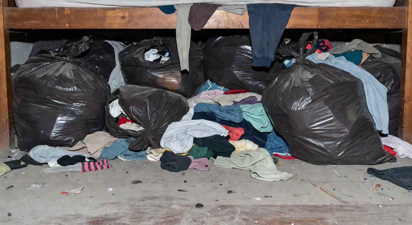 Off-season sweaters and blankets stuffed into a plastic bag on a bedroom floor next to an open closet