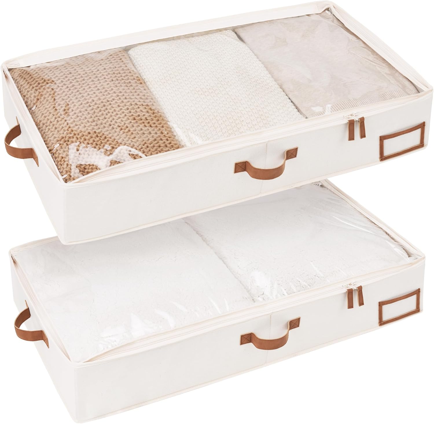 StorageWorks under-bed storage bin open showing folded sweaters with clear lid nearby and label holder on the side