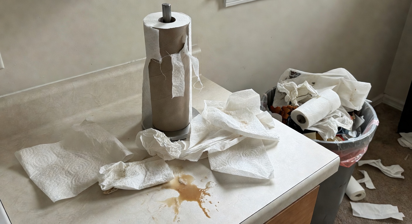 Paper towel roll empty on a kitchen counter with a spill nearby