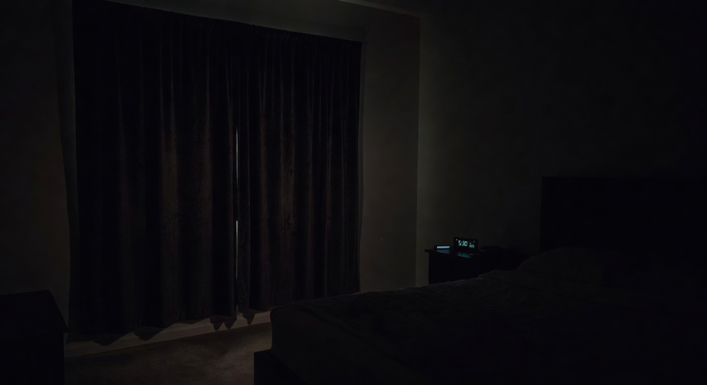 A bedroom in complete darkness at 7am with a phone alarm going off, person unable to tell what time it is