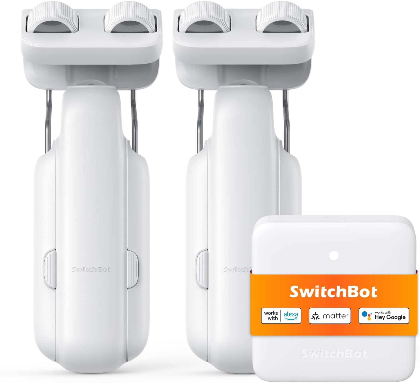SwitchBot curtain opener device shown in white, clipped onto a silver curtain rod with the solar panel accessory