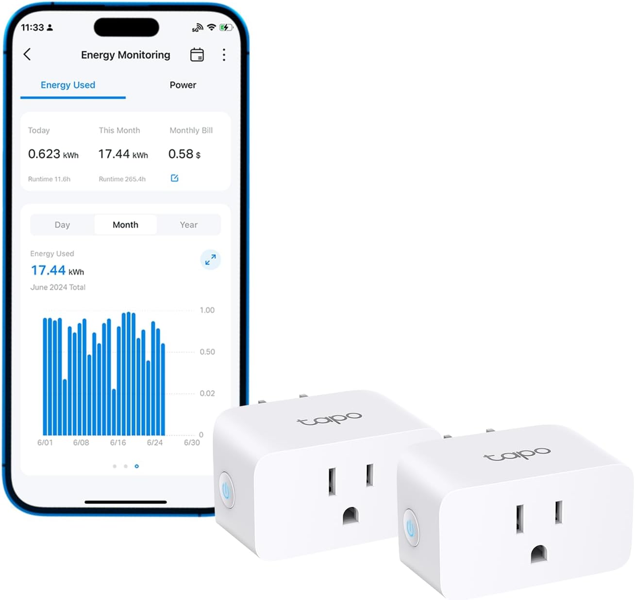 TP-Link Tapo P115 smart plug inserted in a wall outlet, compact design shown beside an appliance plug