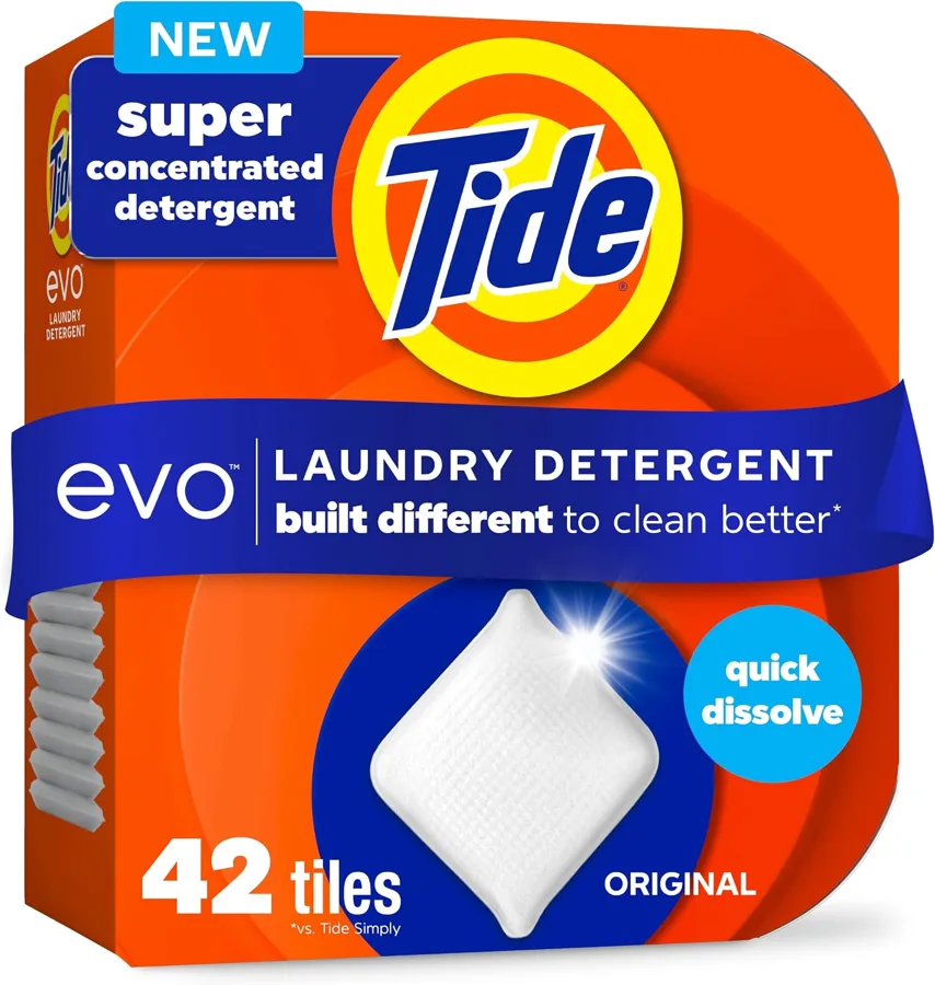 Tide evo laundry detergent fiber tile pack on a washer in a lived-in laundry corner