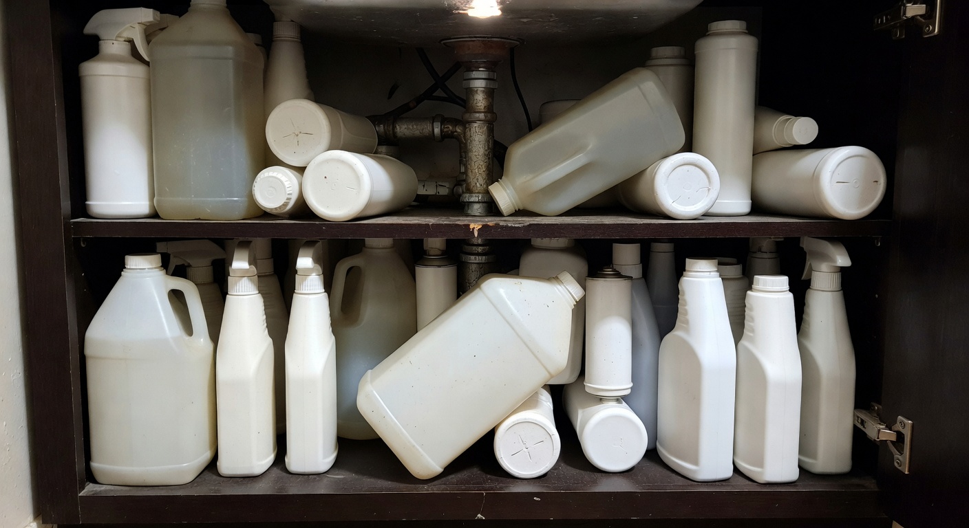 Cluttered under-sink cabinet with fallen cleaning bottles around pipes