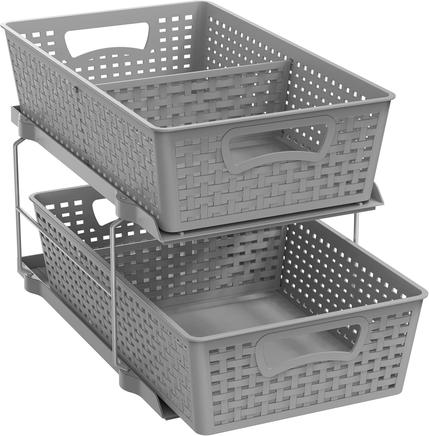 Organized under-sink cabinet with two-tier pull-out organizer around P-trap pipe