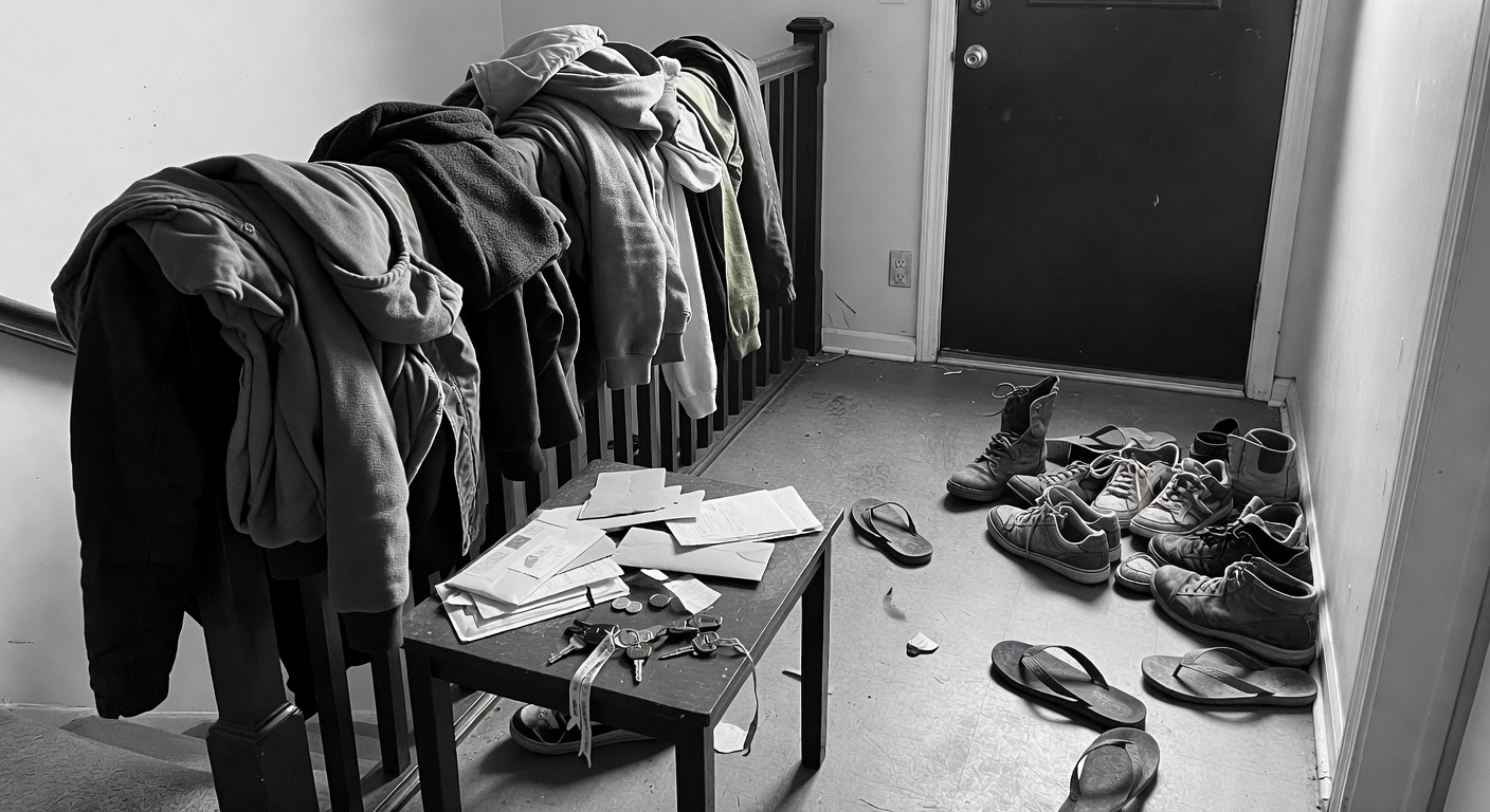 A cluttered entryway with coats piled on a chair, shoes scattered by the door, and no dedicated storage