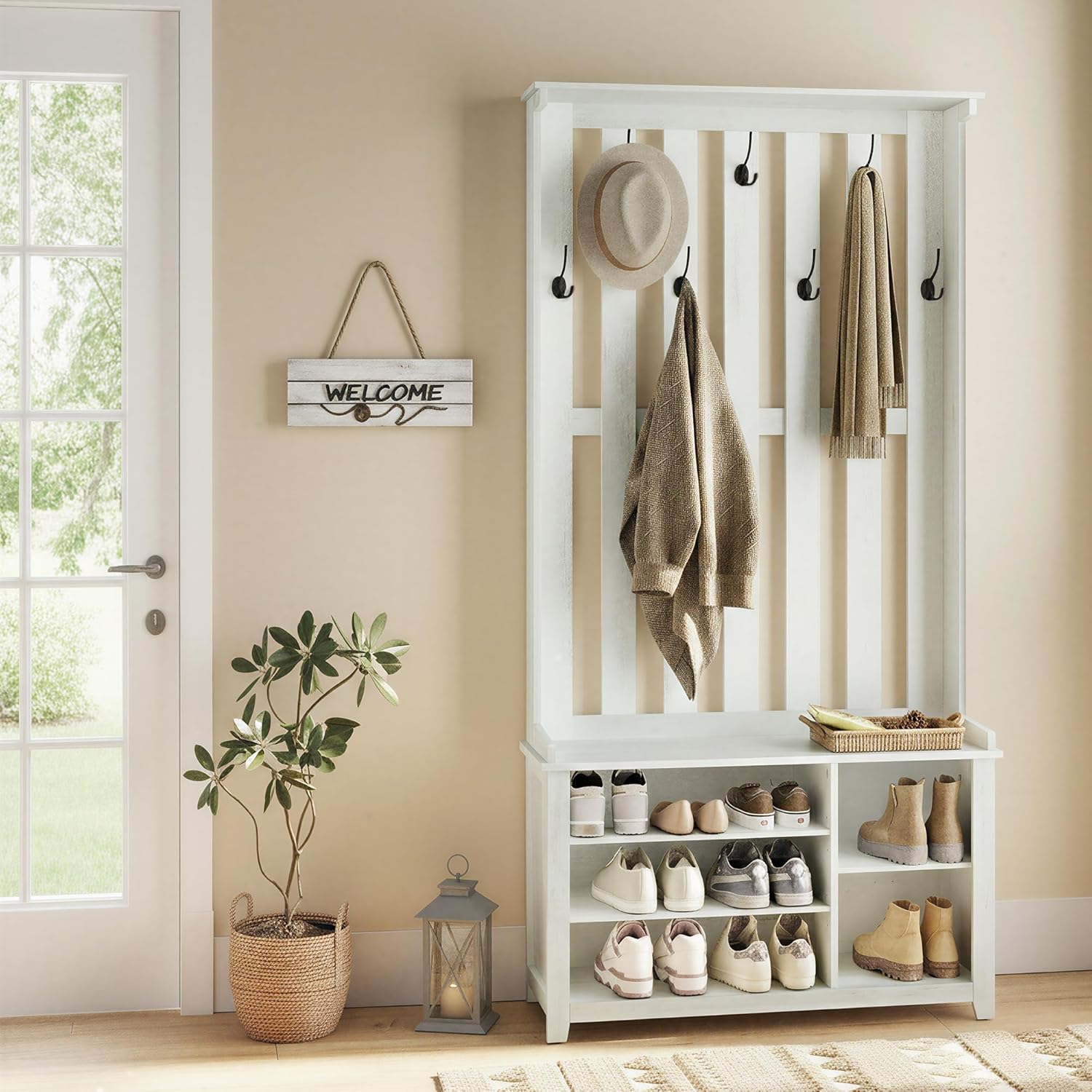 VASAGLE Hall Tree with Bench and Shoe Storage in farmhouse rustic white against a light wall