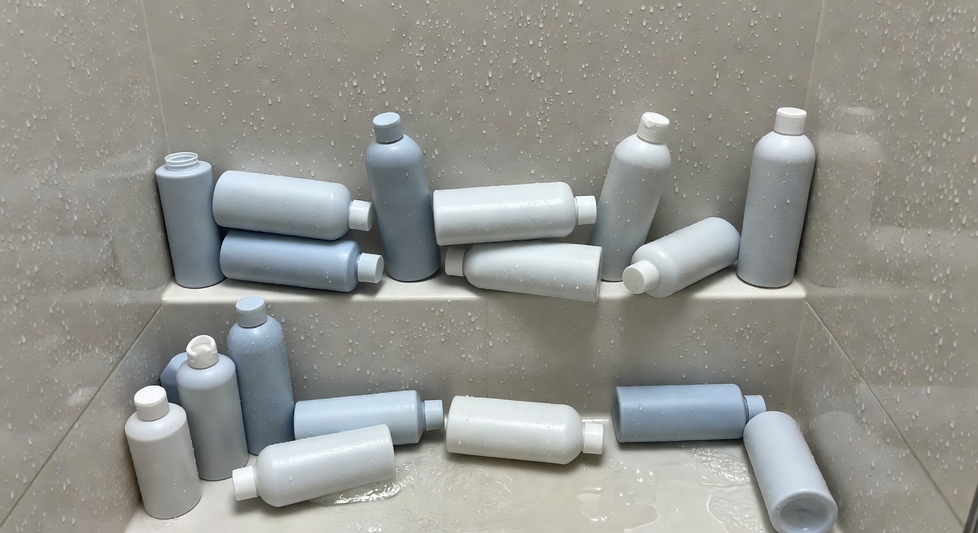 Shower bottles fallen over on bathtub ledge with rusty wire caddy hanging crooked from showerhead