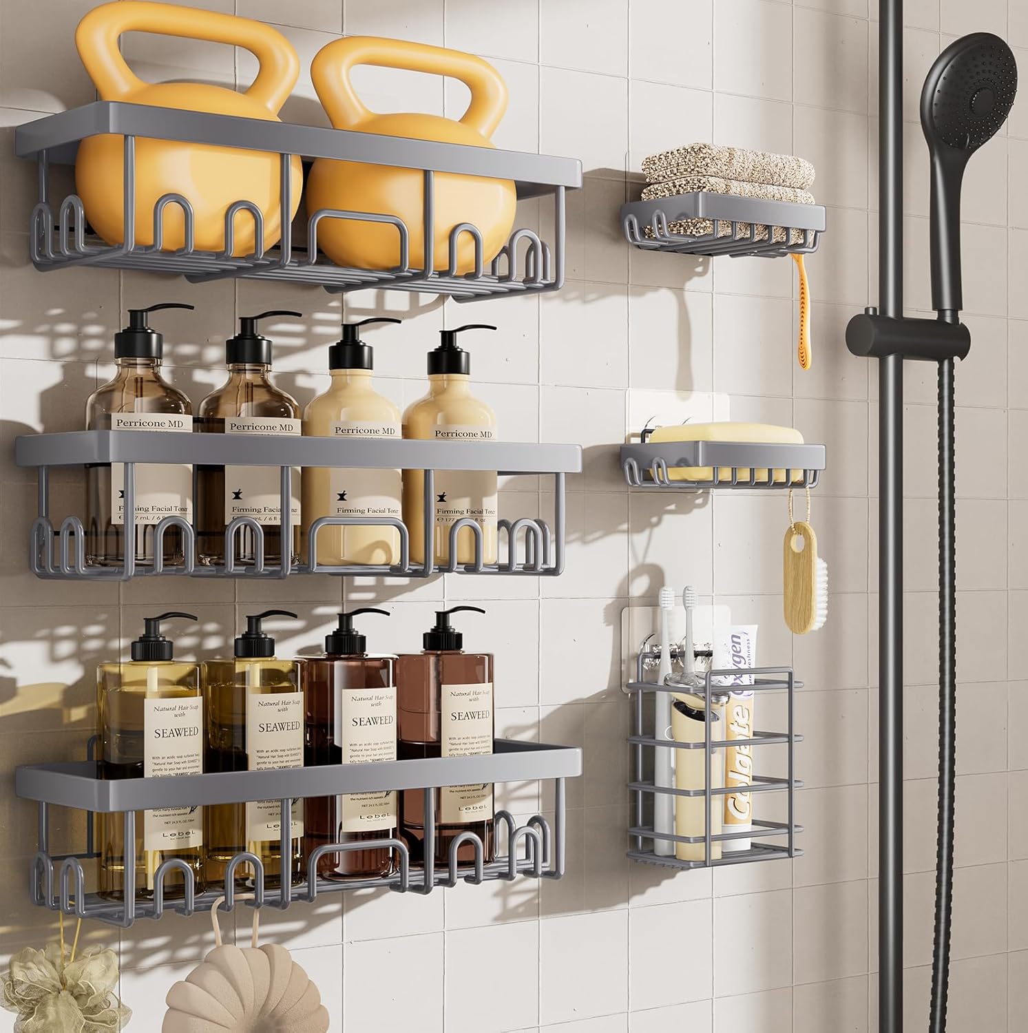 Veken 6-pack shower caddy set mounted on white tile with shampoo bottles and soap neatly organized