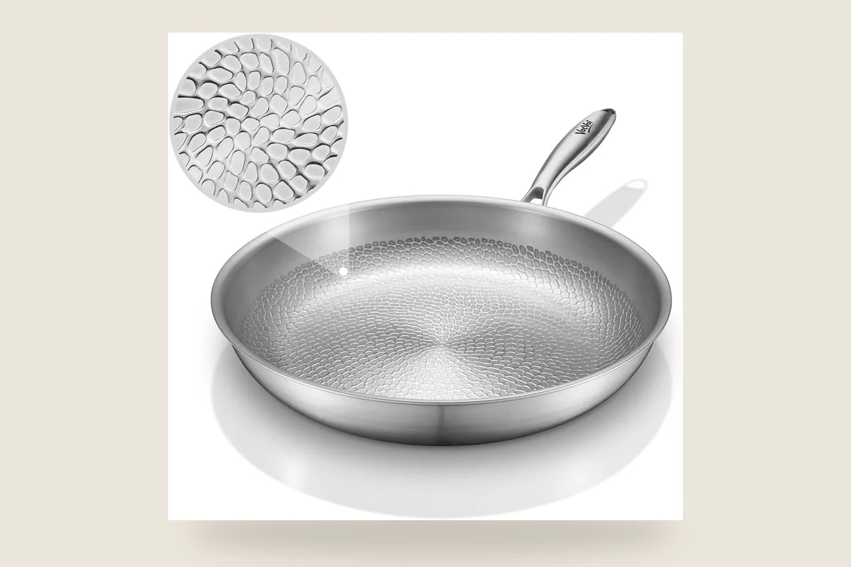 VocVoi 12-inch uncoated hammered pure titanium frying pan on a neutral kitchen surface