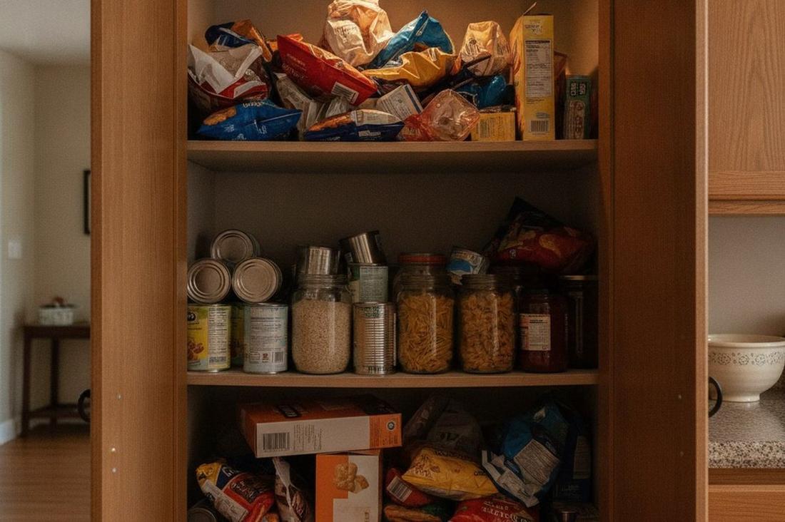 Messy kitchen pantry shelf with jumbled snacks, bags, and boxes blocking each other