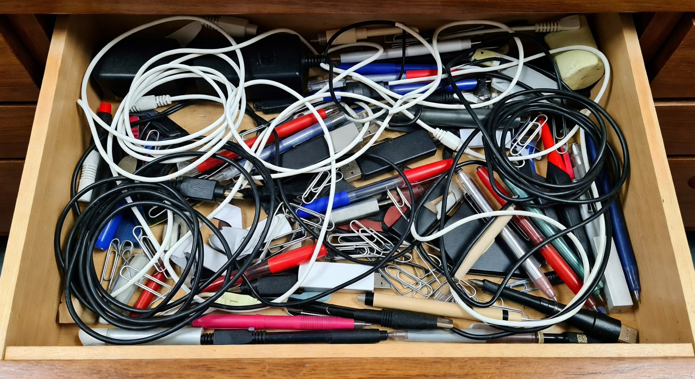 Cluttered home office desk with overflowing drawers, loose papers, and items piled with no visible organization system
