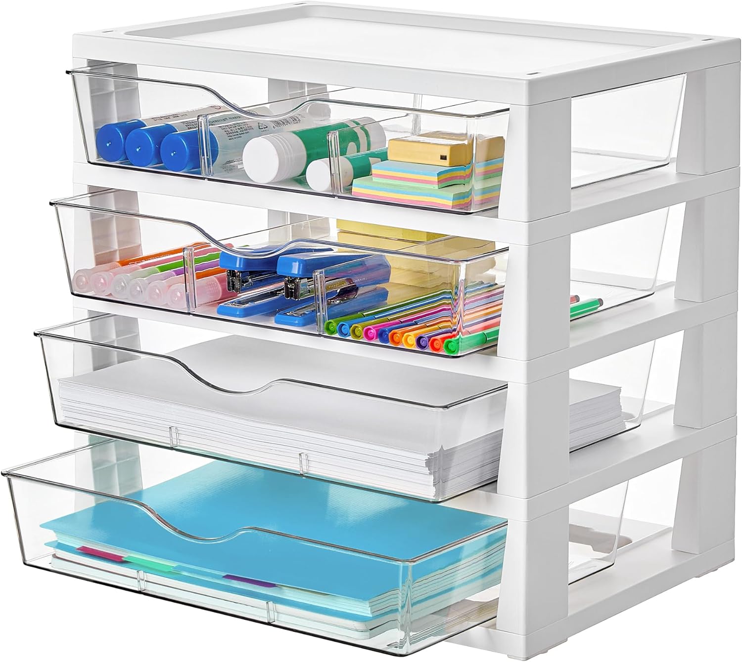 Vtopmart clear 4-tier desktop organizer with pull-out drawers and removable dividers, fully loaded on a clean desk surface