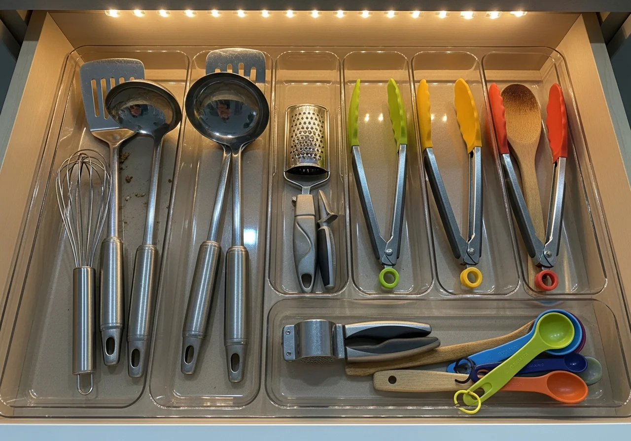 Neatly organized kitchen drawer with clear plastic organizer trays holding utensils sorted by type