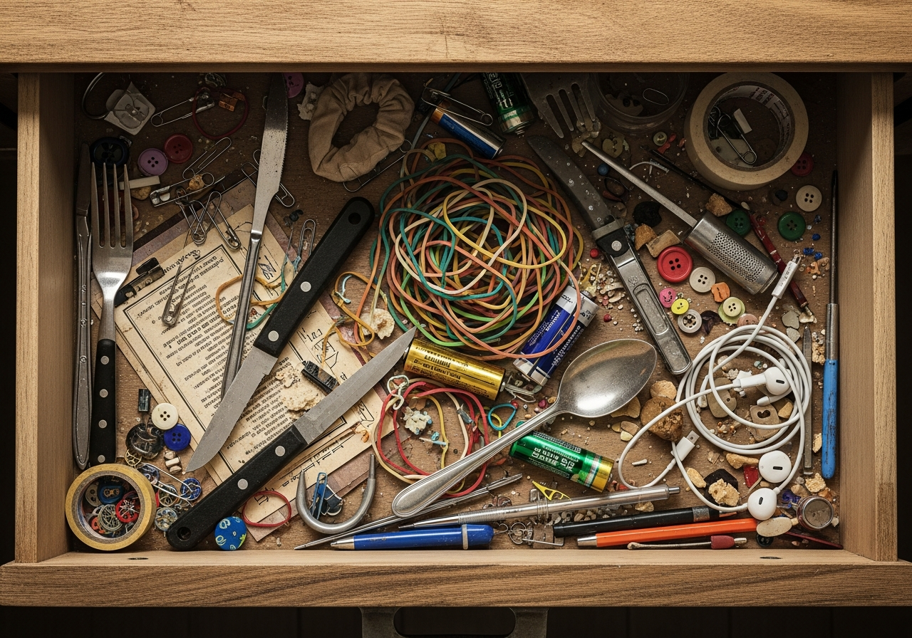 Chaotic kitchen junk drawer overflowing with mixed utensils, rubber bands, batteries, and random items