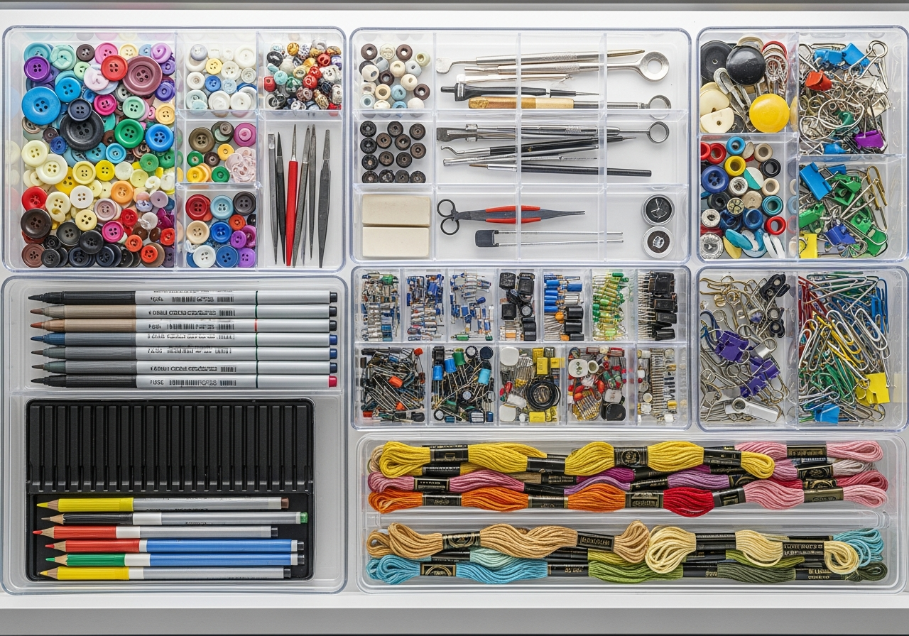 Multiple clear plastic organizer trays of different sizes arranged neatly in a drawer, holding various small items sorted by category