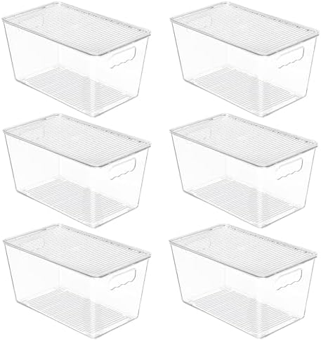 Clear stackable pantry bin detail showing lid and handle profile