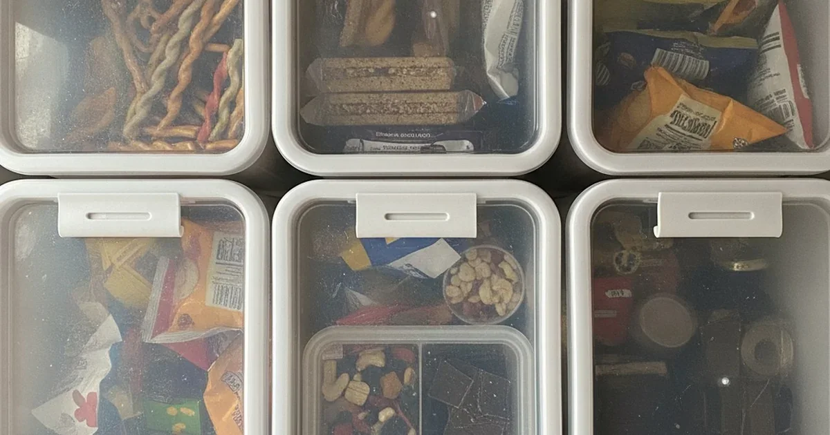 Clear stackable plastic pantry bins with lids lined up on a kitchen shelf holding snacks and packaged food