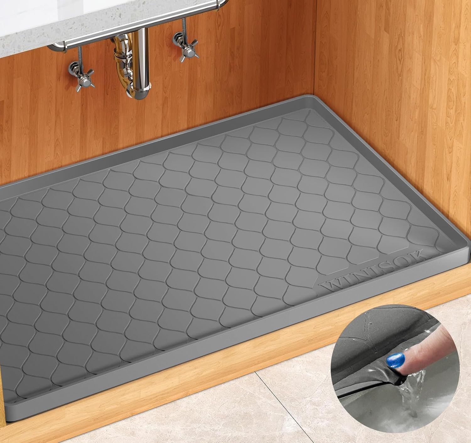 Winisok dark gray silicone under sink mat with raised edge product shot